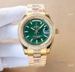 Clone Rolex DayDate Iced Out Watches Yellow Gold Green Dial 40mm